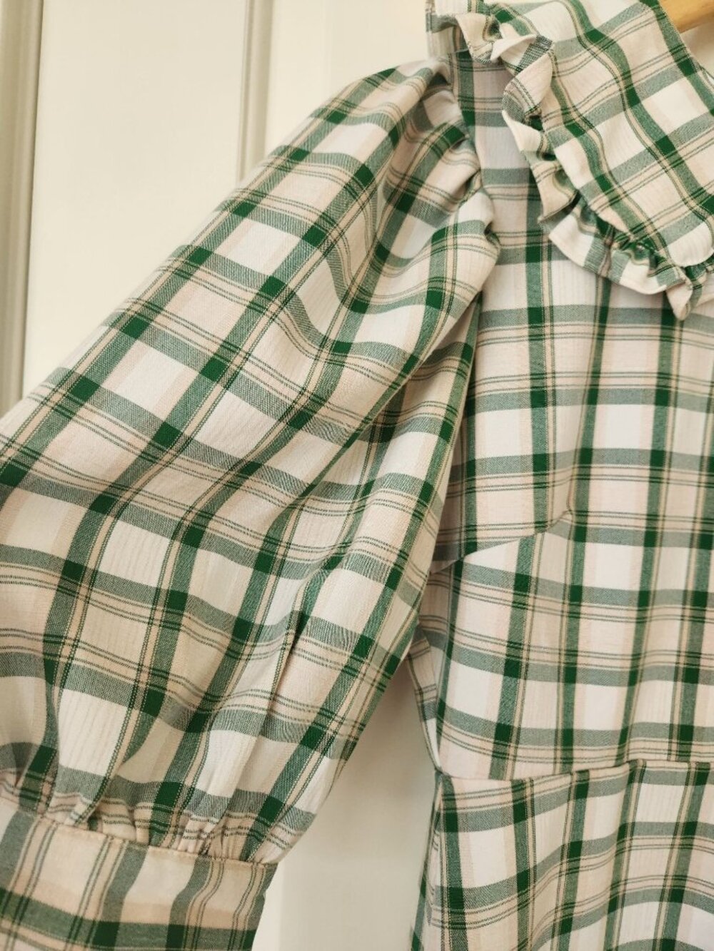 Nasty Gal Plaid Check Mini Dress Green Cream Ruffled Coquette Romantic Cottage - Picture 5 of 11